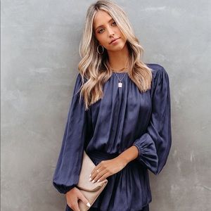 Satin Smocked Ruffle Dress - Dark Blue